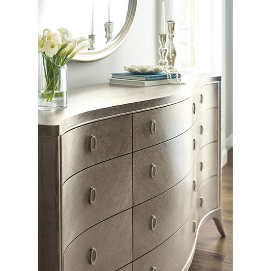 Ash Long Dresser by Caracole in linen, silver, pearl and elegant linen, soft silver paint. Made from quarter ash, birch in a transitional style.