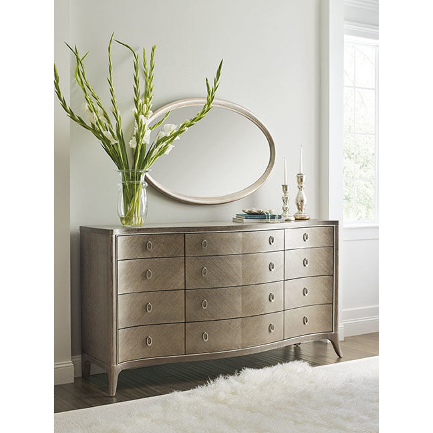 006 SR-768493 | Lifestyle | Ash Long Dresser by Caracole in linen, silver, pearl and elegant linen, soft silver paint. Made from quarter ash, birch in a transitional style.