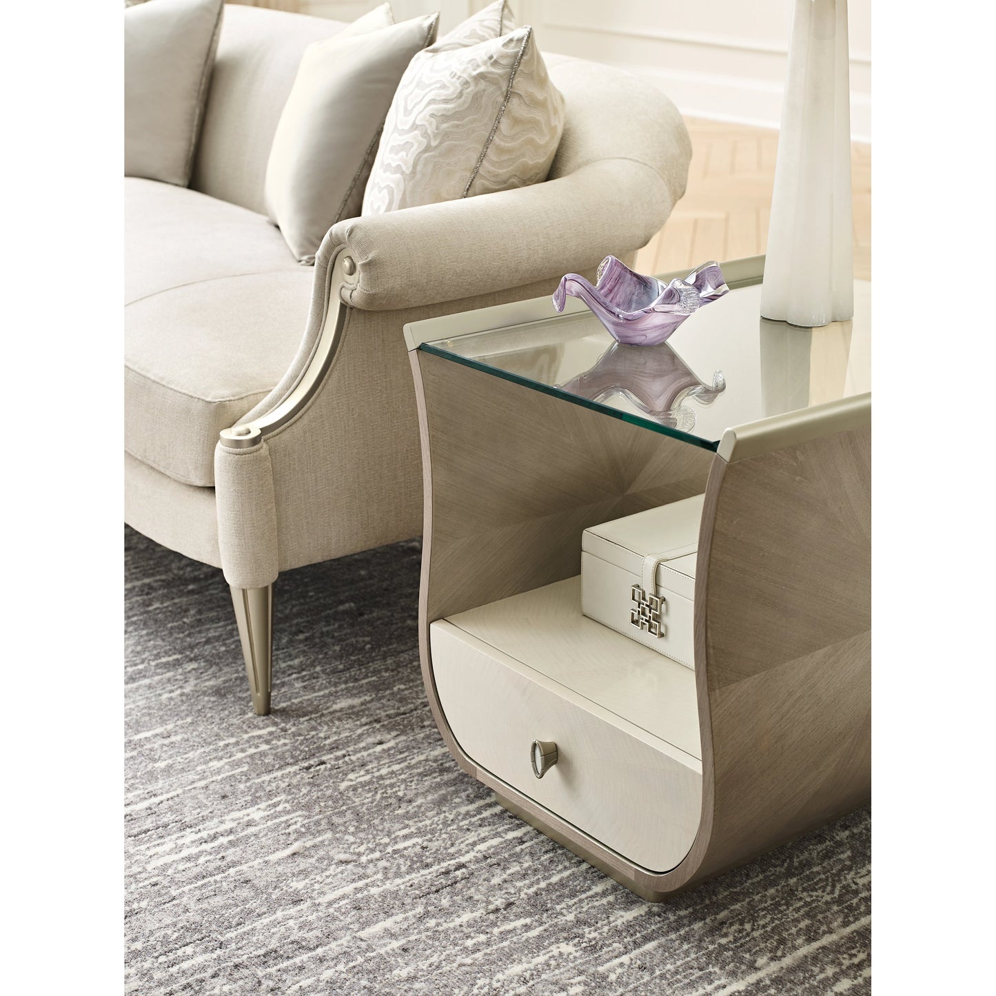 002 SI-1955593 | Lifestyle | Lillian Rectangle End Table by Caracole in natural and stone manor, ivory wash, soft radiance. Made from birch, koto, figured sycamore in a unique style.