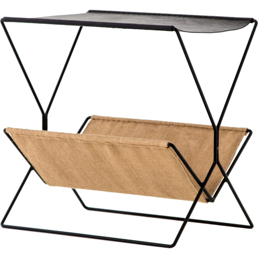 Monarch Magazine Rack by Four Hands in natural hemp, aged black, distressed black. Made from iron, 100% hemp, top grain leather in a modern style.