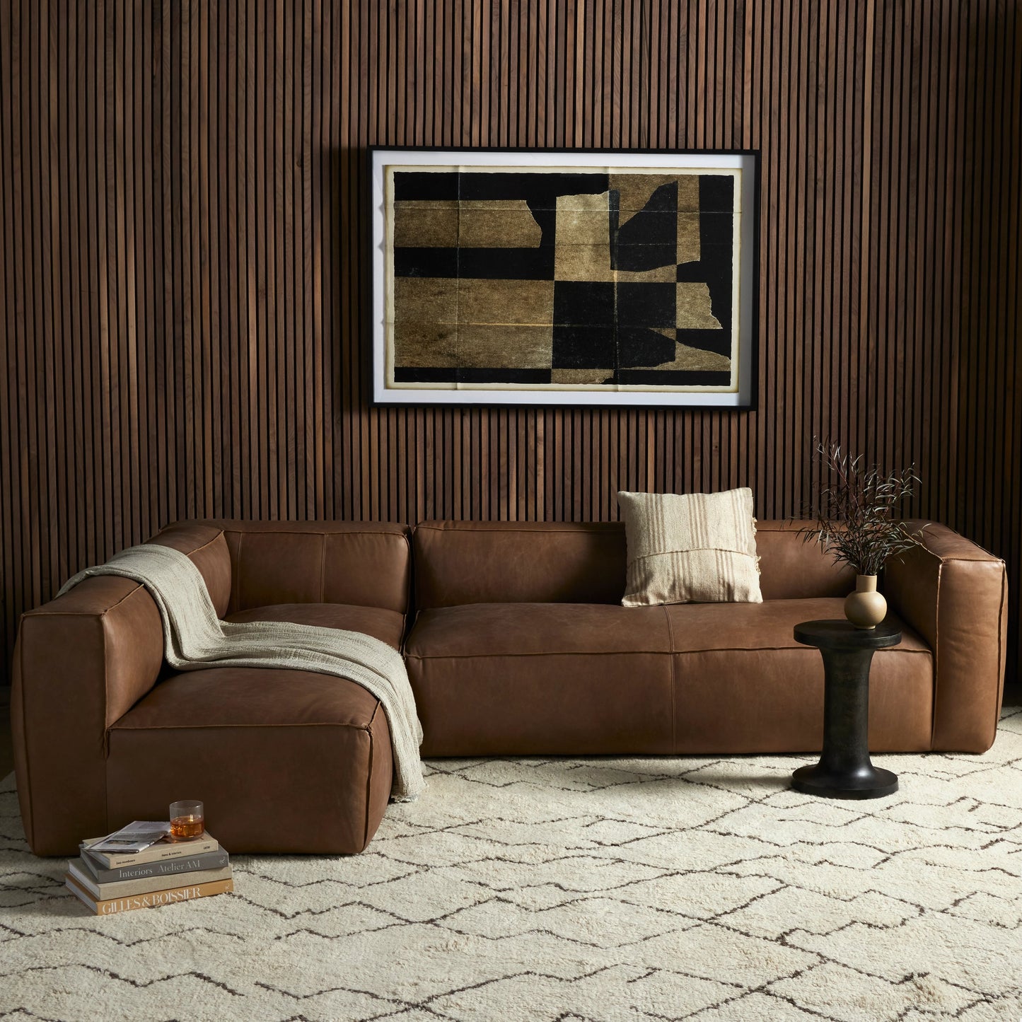 009 SI-1716269 | Lifestyle | Nolita Sectional Sofa by Four Hands in natural washed. Made from top grain leather, solid ash, 100% polyester in a modern style.