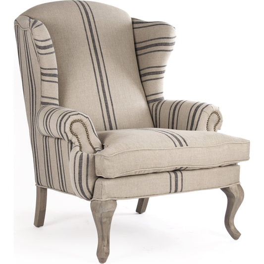 Zacharie Wingback Club Chair in English Khaki Linen by Zentique in english khaki linen with blue stripe and reclaimed oak. Made from reclaimed oak in a traditional style.