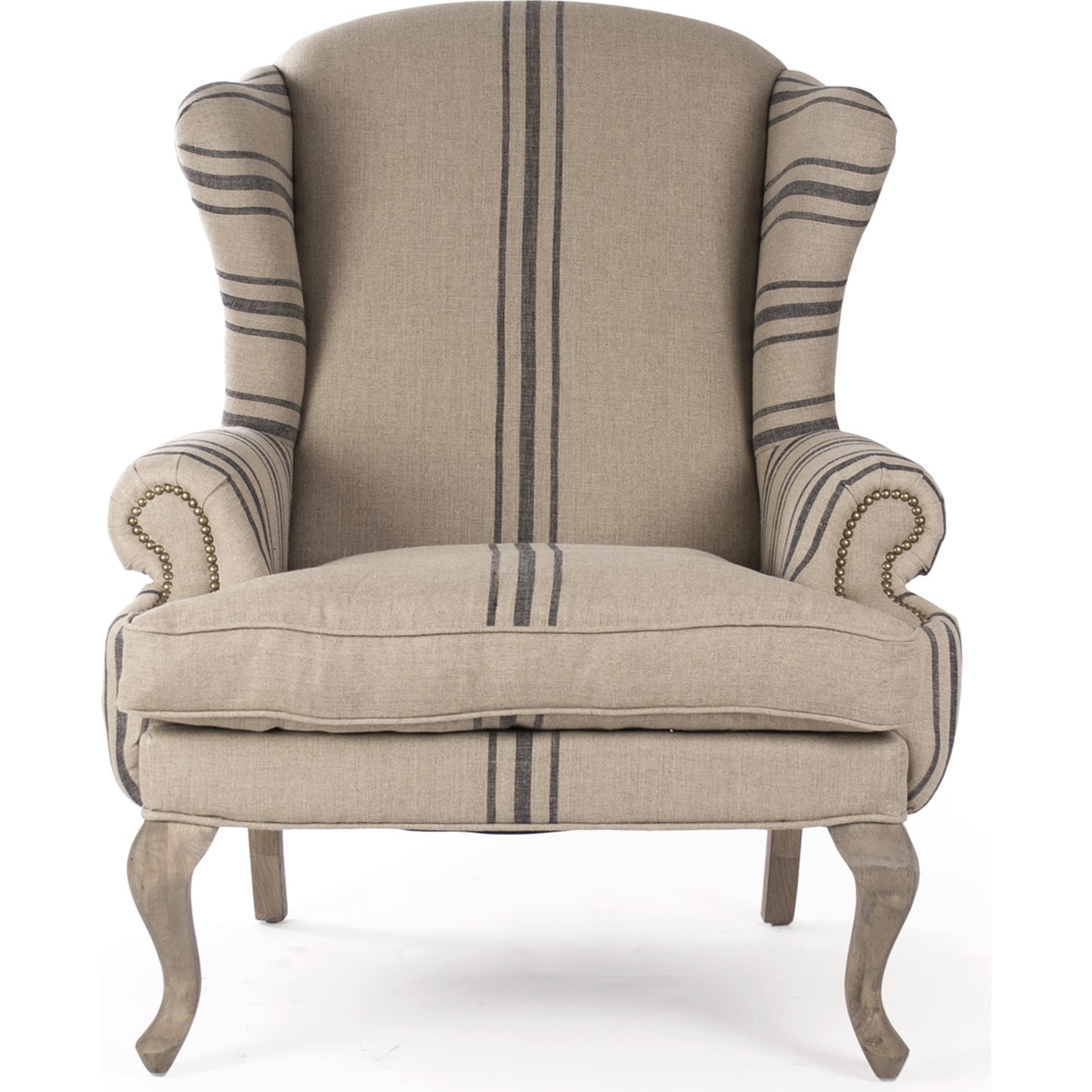 004 S-338632 | Additional Silo | Zacharie Wingback Club Chair in English Khaki Linen by Zentique in english khaki linen with blue stripe and reclaimed oak. Made from reclaimed oak in a traditional style.