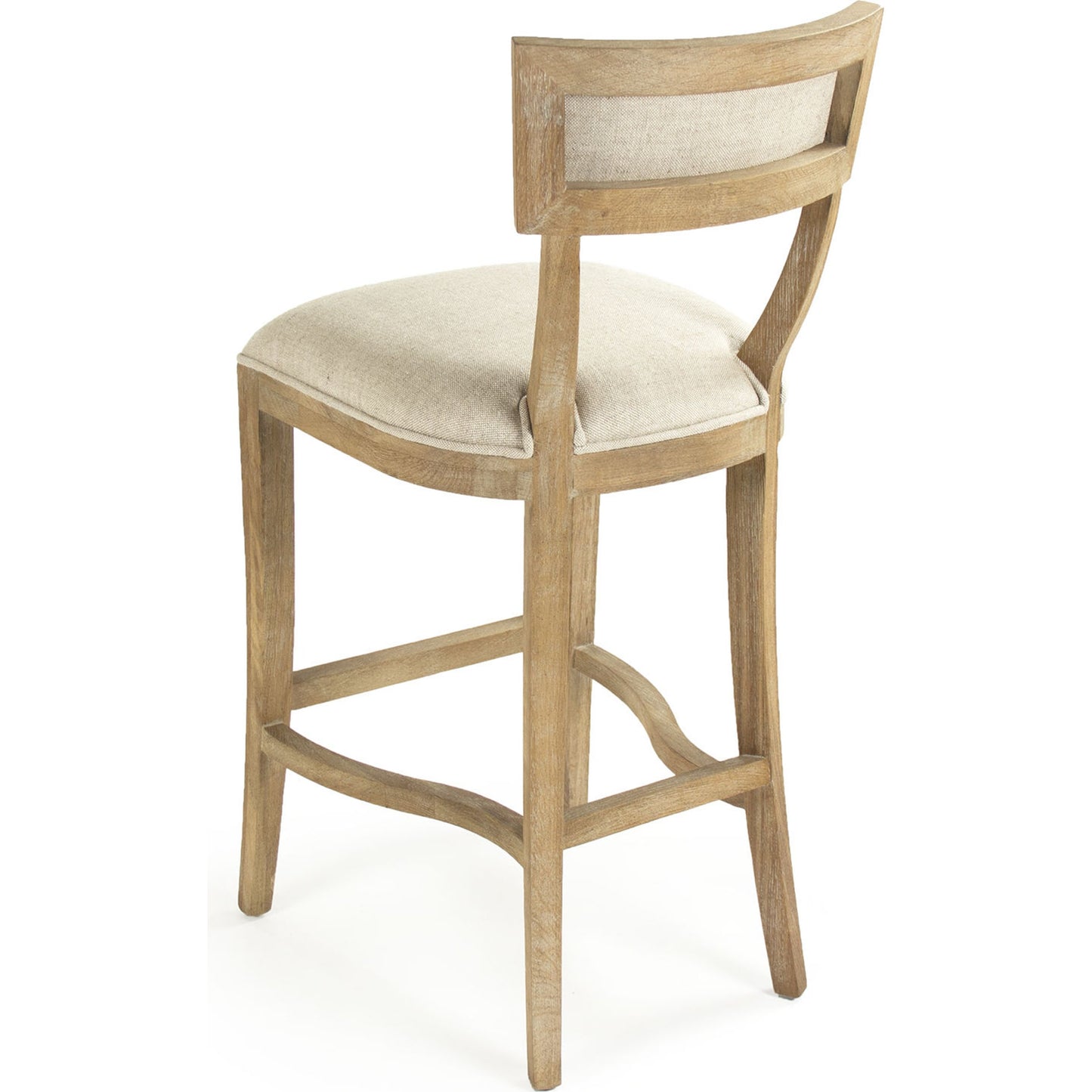 005 S-336853 | Closeup | Carvell Bar Stool by Zentique in natural cream linen and limed gray oak. Made from limed grey oak in a transitional style.