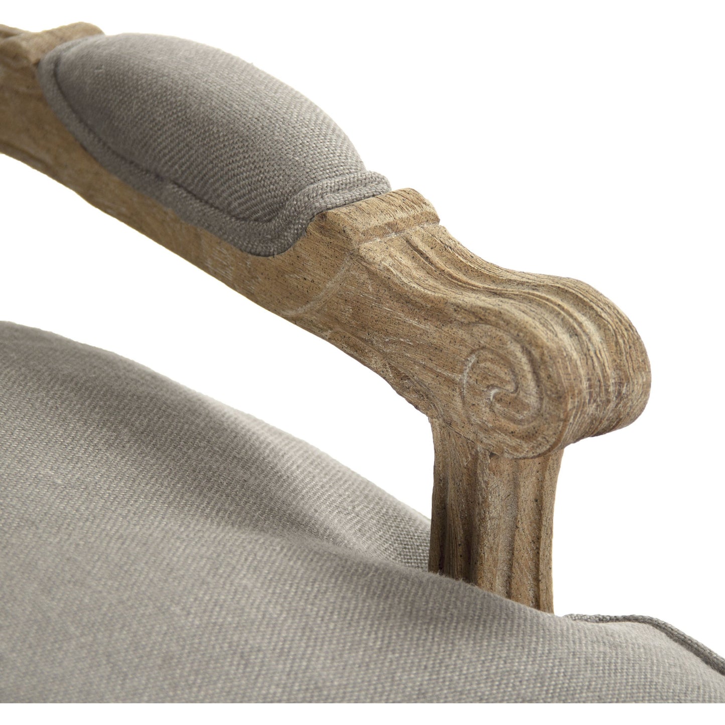 005 S-336674 | Closeup | Bastille Arm Chair by Zentique in gray linen and limed gray oak. Made from limed grey oak in a cottage & farmhouse style.