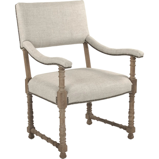 Silas Arm Chair by Zentique in cream natural linen and limed gray oak. Made from limed grey oak in a traditional style.