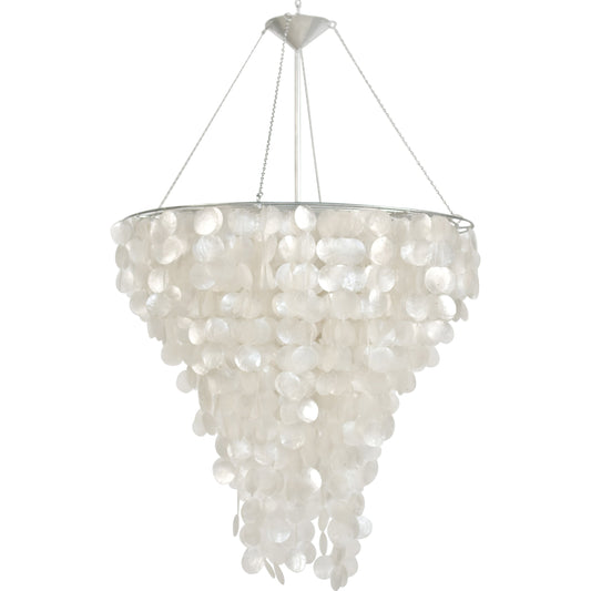 Capiz Shell Chandelier by Worlds Away in off white and off white. Made from capiz shell, metal in a coastal style.