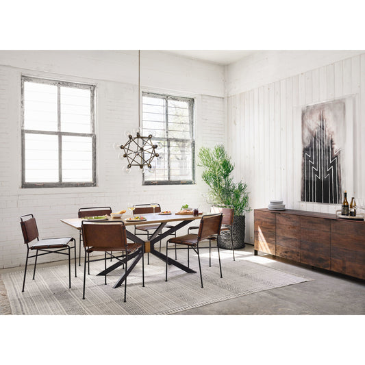Spider Dining Table by Four Hands in light rustic black, bright brass clad, sandy oak. Made from brass, iron, solid oak in a cottage & farmhouse style.