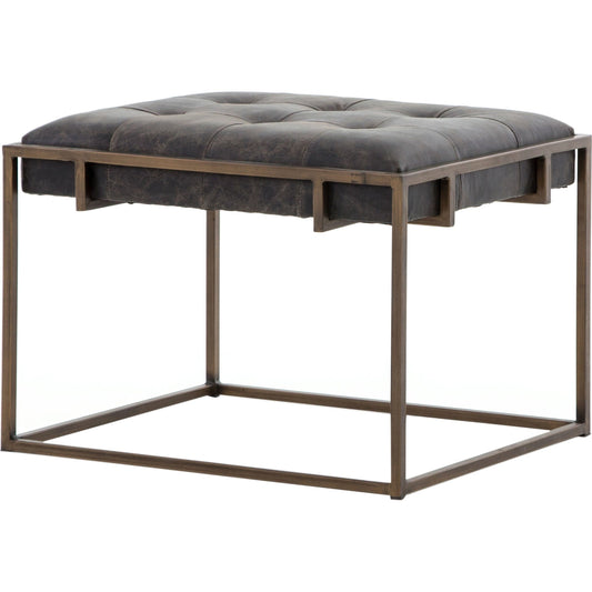 Oxford End Table by Four Hands in rialto ebony, antique brass. Made from top grain leather, iron, poplar plywood in a modern style.