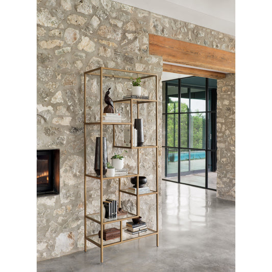 Helena Bookcase by Four Hands in antique brass, clear glass. Made from iron, tempered glass in a cottage & farmhouse style.