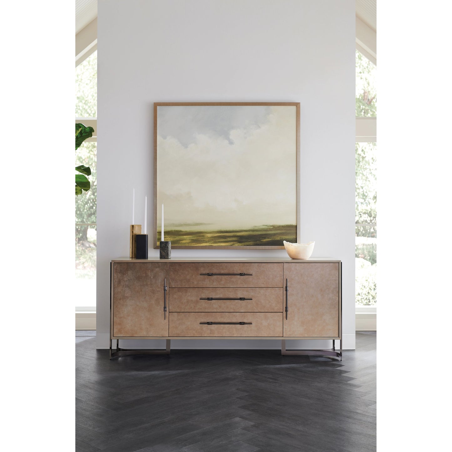 005 SI-1955653 | Lifestyle | Foiled Again by Caracole in bronze and woodland gray, amber silverleaf, deep bronze. Made from birch, metal, coffe japenese sen in a modern style.