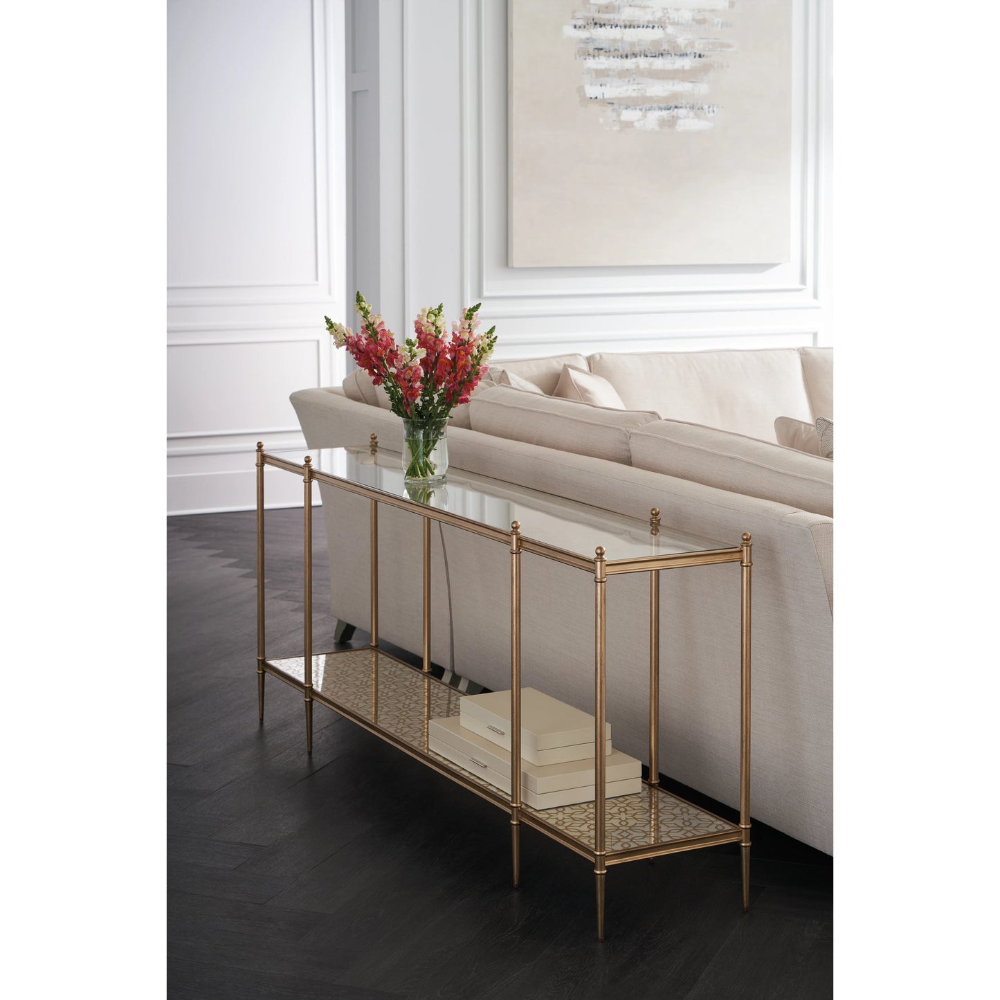 004 SI-1955672 | Lifestyle | Perfection Console Table by Caracole in new gold. Made from metal in a transitional style.