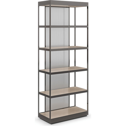 Shelf Life by Caracole in bronze, taupe and woodland gray, deep bronze, almost black. Made from birch, glass, coffe japenese sen in a modern style.