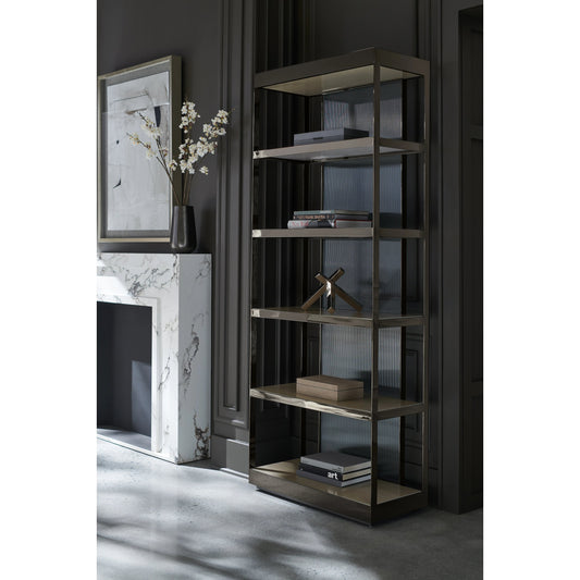 Shelf Life by Caracole in bronze, taupe and woodland gray, deep bronze, almost black. Made from birch, glass, coffe japenese sen in a modern style.