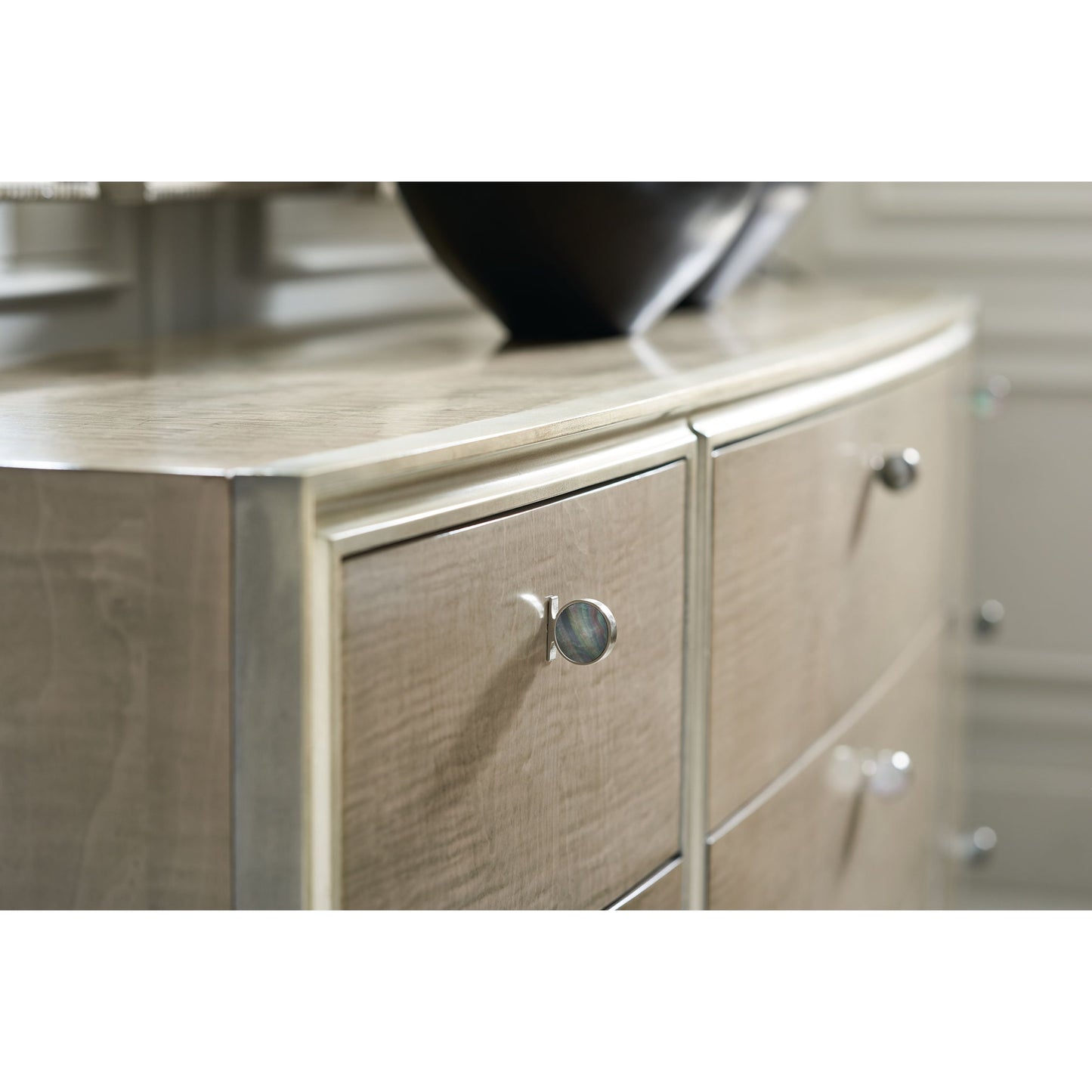003 SR-768890 | Closeup | Made to Shine Dresser by Caracole in silver and moonlit sand, soft silver leaf. Made from pine, birch, silver curly maple in a transitional style.