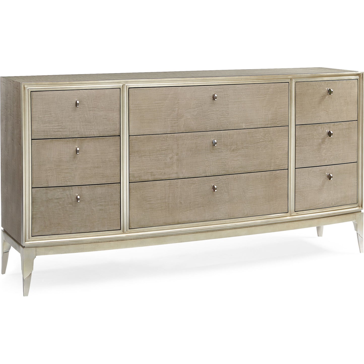 001 SR-768890 | Primary Silo | Made to Shine Dresser by Caracole in silver and moonlit sand, soft silver leaf. Made from pine, birch, silver curly maple in a transitional style.