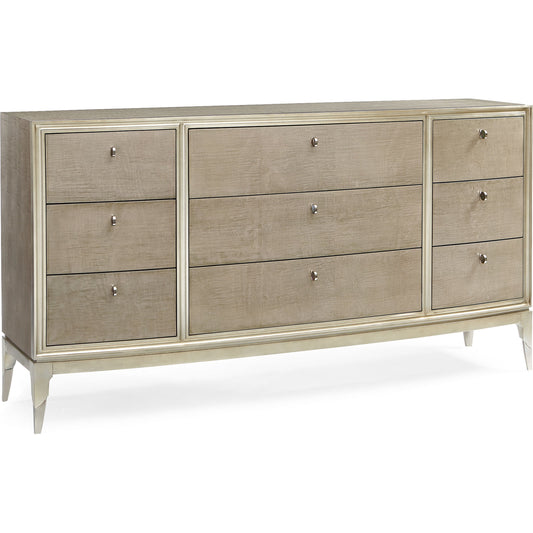 Made to Shine Dresser by Caracole in silver and moonlit sand, soft silver leaf. Made from pine, birch, silver curly maple in a transitional style.