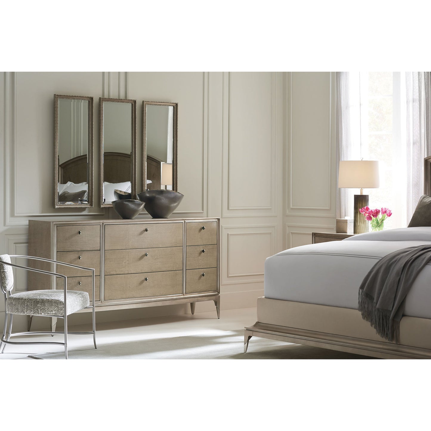004 SR-768890 | Lifestyle | Made to Shine Dresser by Caracole in silver and moonlit sand, soft silver leaf. Made from pine, birch, silver curly maple in a transitional style.