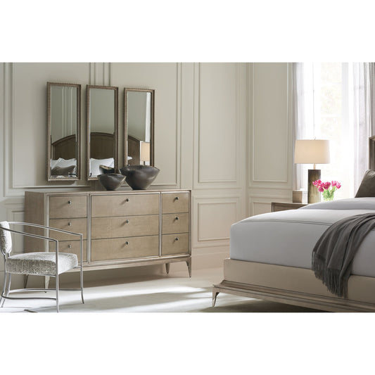 Made to Shine Dresser by Caracole in silver and moonlit sand, soft silver leaf. Made from pine, birch, silver curly maple in a transitional style.
