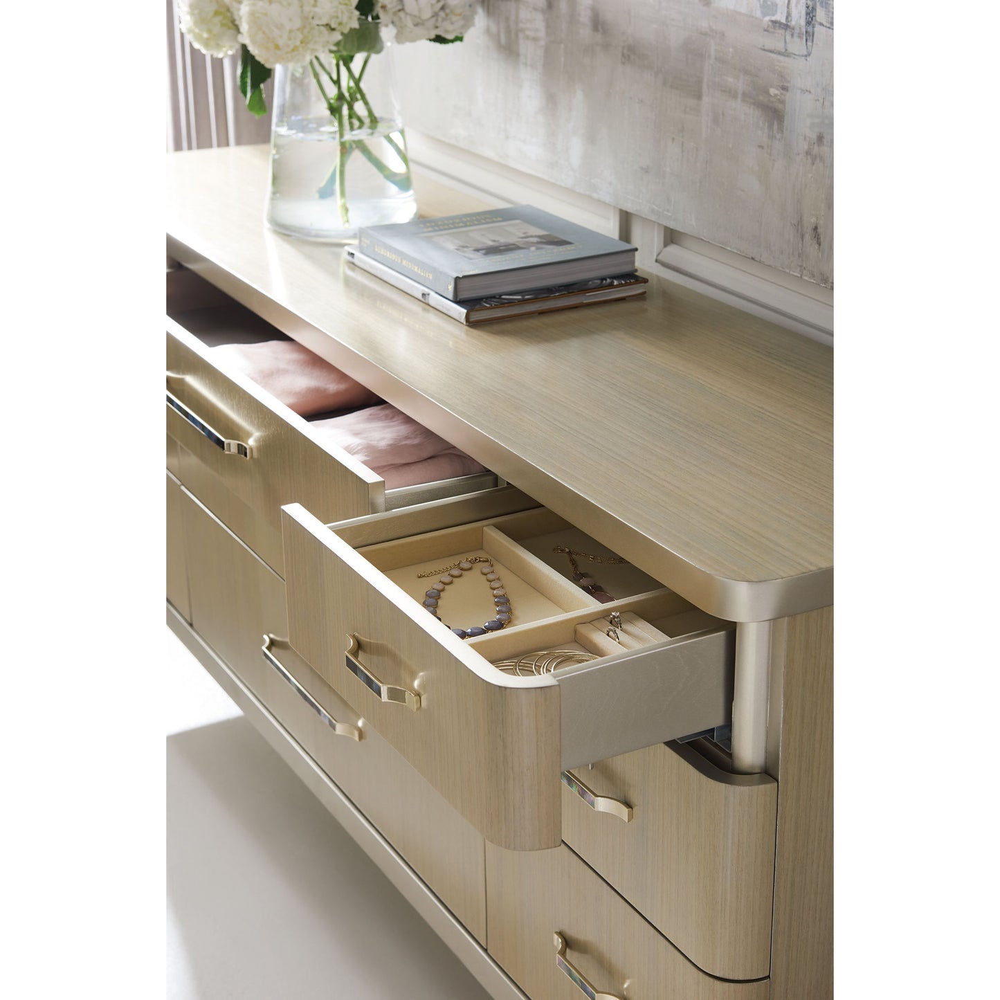 002 SR-768455 | Additional Silo | All Dressed Up Dresser by Caracole in champagne and champagne shimmer, taupe paint, whisper of gold. Made from birch, koto in a transitional style.