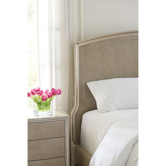 Rise to the Occasion Bed by Caracole in soft silver leaf, moonlit sand, lightly brushed chrome. Made from birch, silver curly maple in a transitional style.