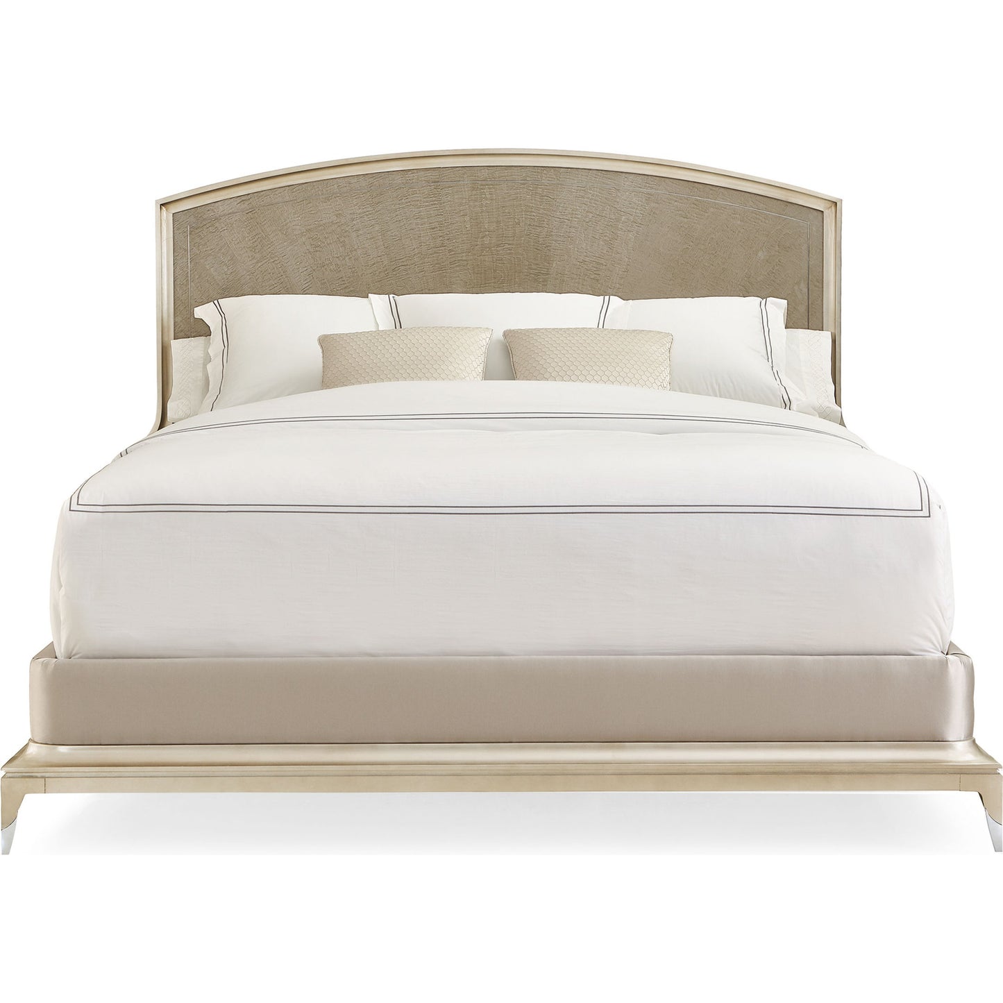003 SR-769025 | Additional Silo | Rise to the Occasion Bed by Caracole in soft silver leaf, moonlit sand, lightly brushed chrome. Made from birch, silver curly maple in a transitional style.