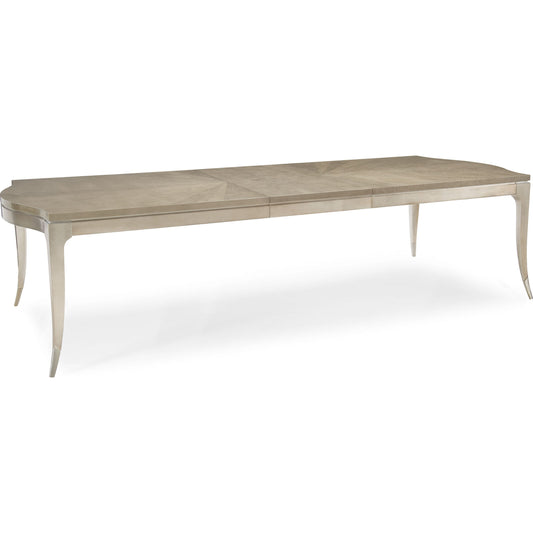 On a Silver Platter Dining Table by Caracole in maple, silver and moonlit sand, soft silver leaf. Made from pine, birch, silver curly maple in a transitional style.
