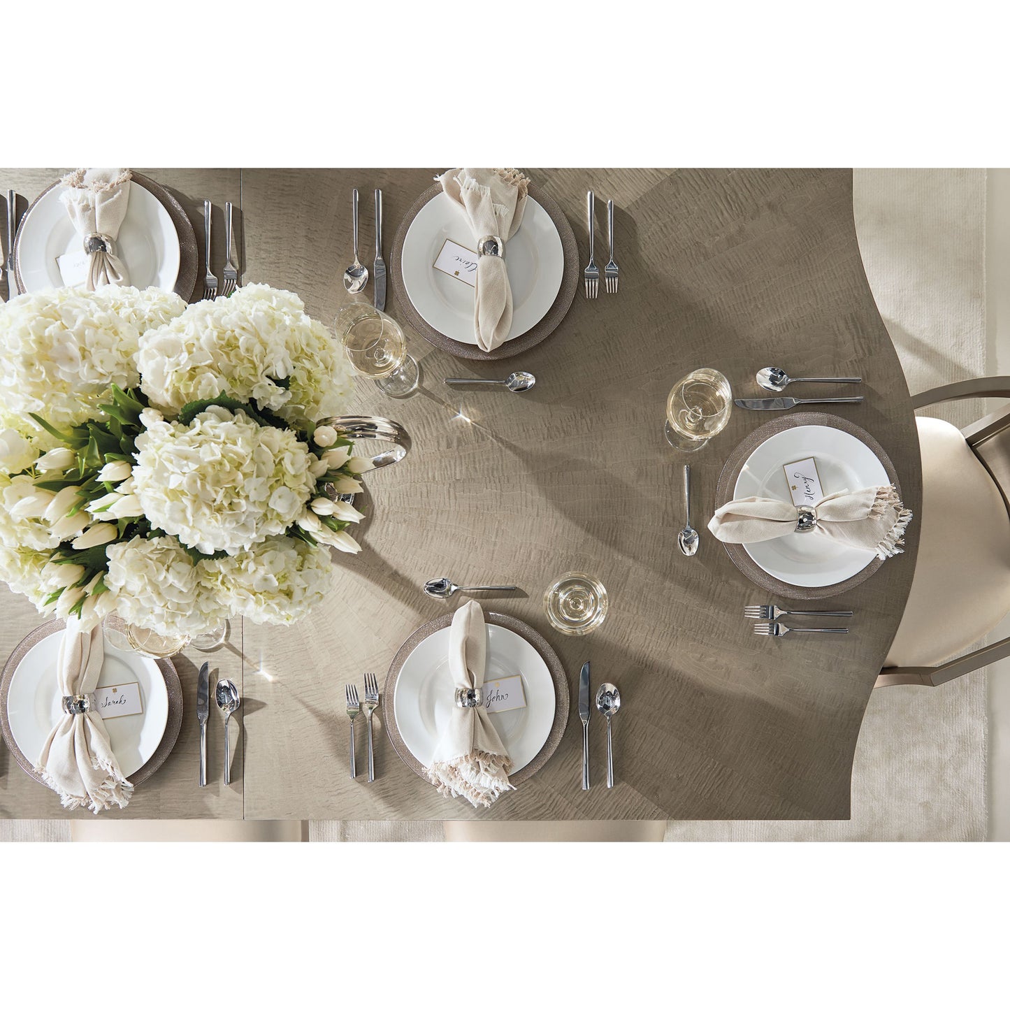 002 SR-768964 | Additional Silo | On a Silver Platter Dining Table by Caracole in maple, silver and moonlit sand, soft silver leaf. Made from pine, birch, silver curly maple in a transitional style.