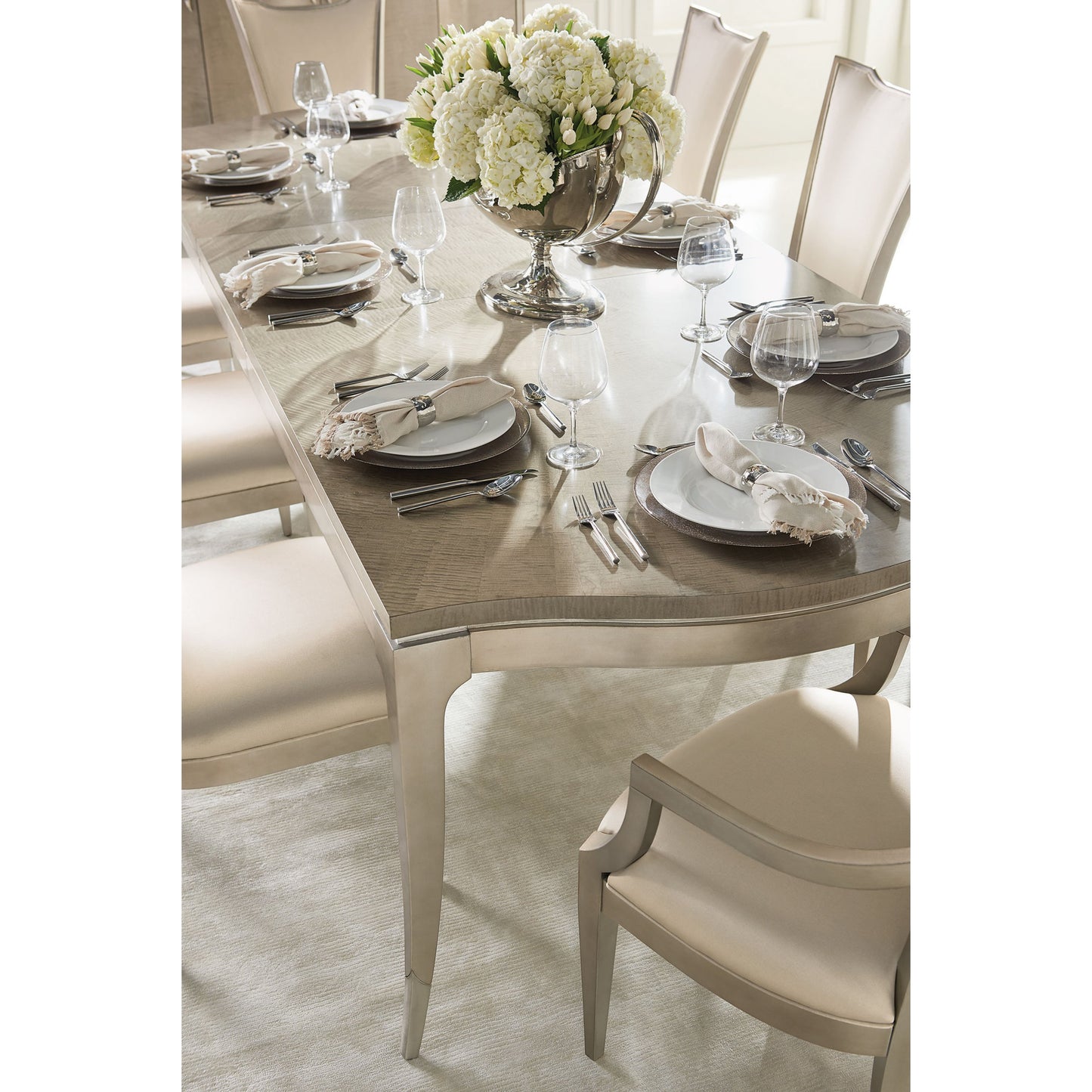003 SR-768964 | Additional Silo | On a Silver Platter Dining Table by Caracole in maple, silver and moonlit sand, soft silver leaf. Made from pine, birch, silver curly maple in a transitional style.