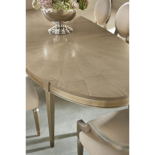 A House Favorite Dining Table by Caracole in silver, smoke, taupe and smoke, taupe silver leaf. Made from birch, fumed figured tiger maple in a transitional style.