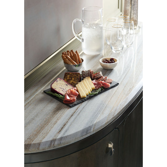 Serve Yourself Server by Caracole in charcoal, blue and charcoal anegre, seal skin, whisper of gold. Made from birch, figured anegre, maple in a transitional style.