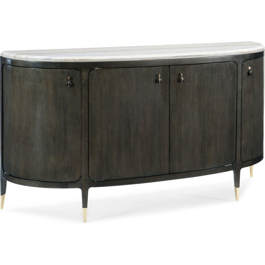 Serve Yourself Server by Caracole in charcoal, blue and charcoal anegre, seal skin, whisper of gold. Made from birch, figured anegre, maple in a transitional style.