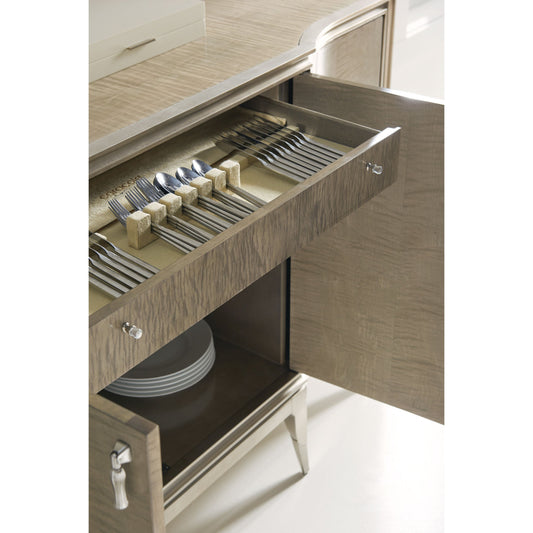 May I Serve You Credenza by Caracole in maple, silver and moonlit sand, soft silver leaf. Made from pine, birch, silver curly maple, maple in a transitional style.