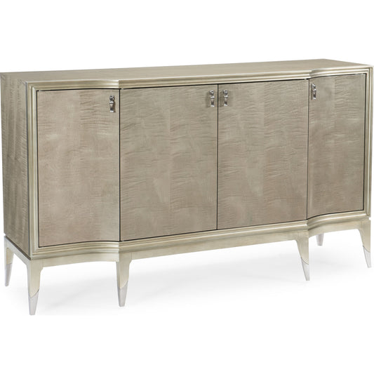 May I Serve You Credenza by Caracole in maple, silver and moonlit sand, soft silver leaf. Made from pine, birch, silver curly maple, maple in a transitional style.