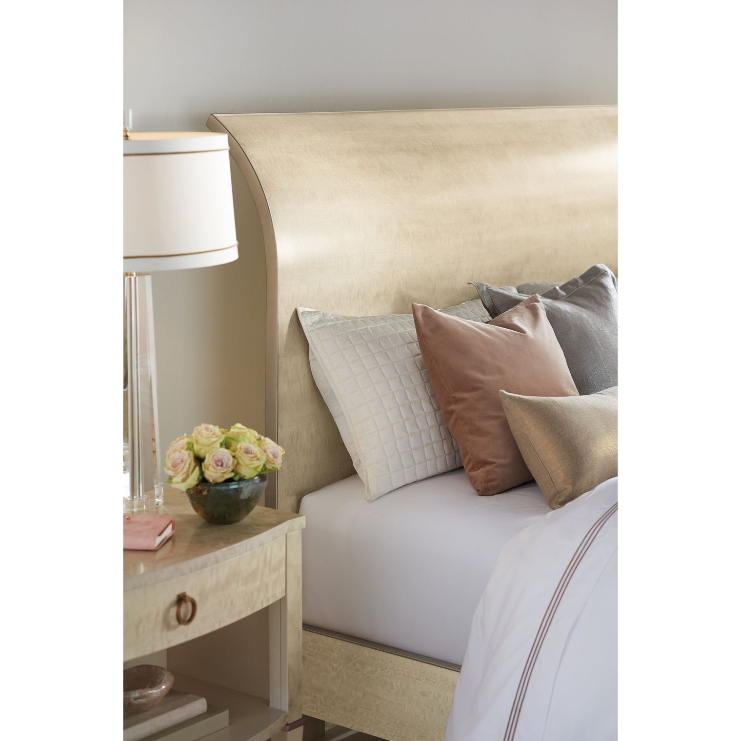 004 SR-770628 | Lifestyle | Keep Under Wraps by Caracole in golden shimmer, platinum blonde. Made from birch, bleached block mottled anegre in a transitional style.