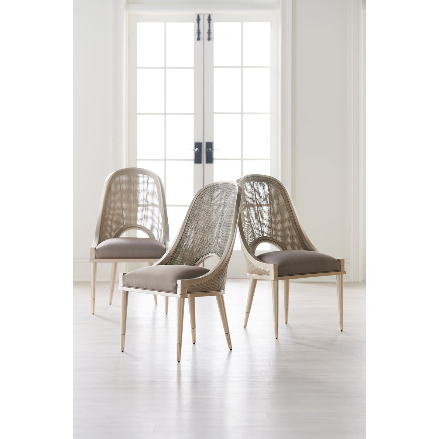005 SR-783811 | Lifestyle | Cane I Join You by Caracole in gold and neutral metallic. Made from birch, woven cane in a transitional style.
