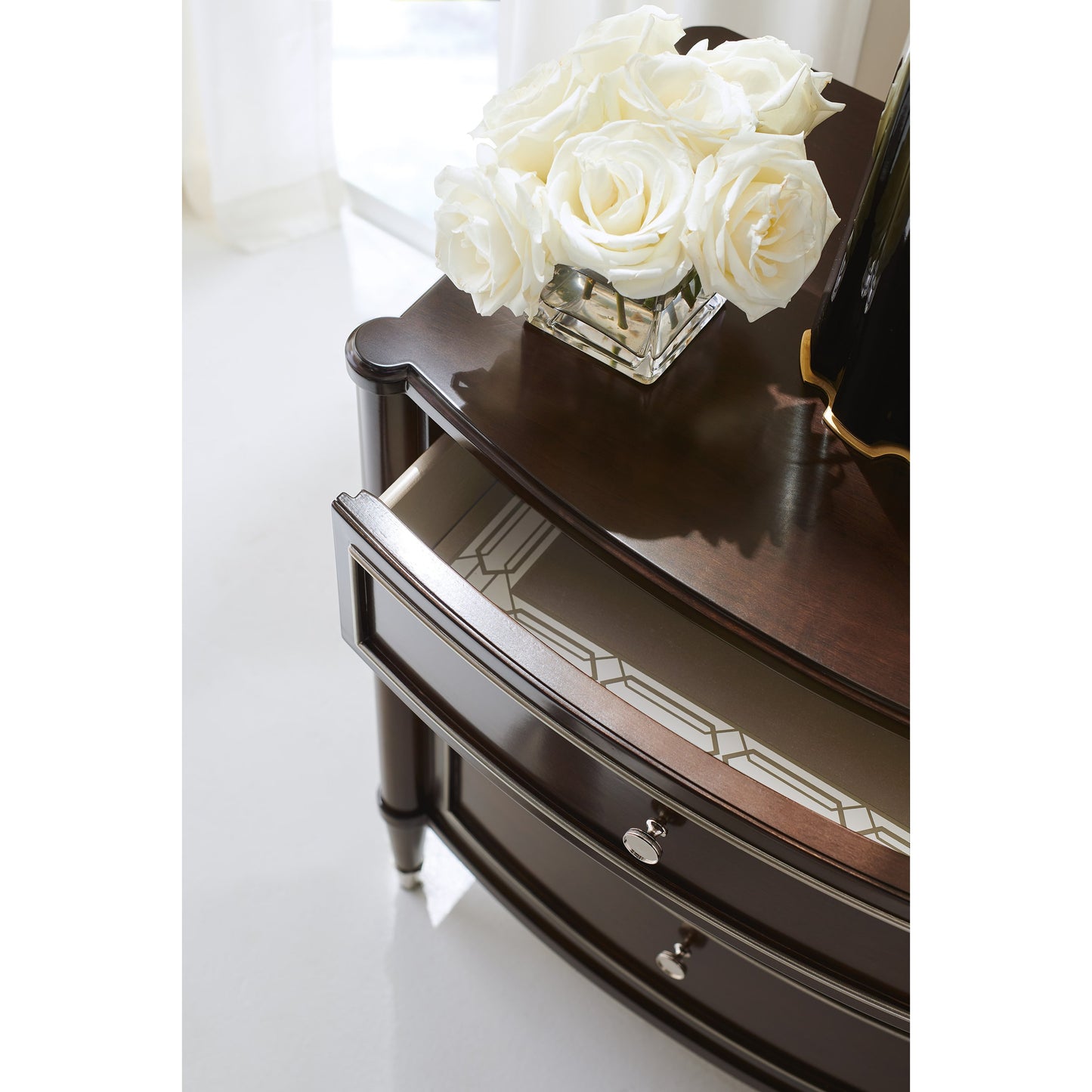003 SR-877790 | Lifestyle | Suite Yourself Nightstand by Caracole in walnut, silver, steel and mocha walnut, soft silver paint. Made from birch, cathedral walnut in a transitional style.