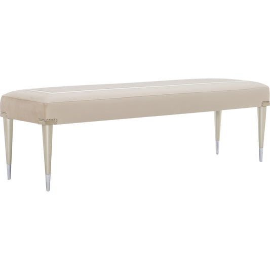 Boarding on Beautiful Bench by Caracole in silver, steel and soft silver paint. Made from birch in a traditional style.