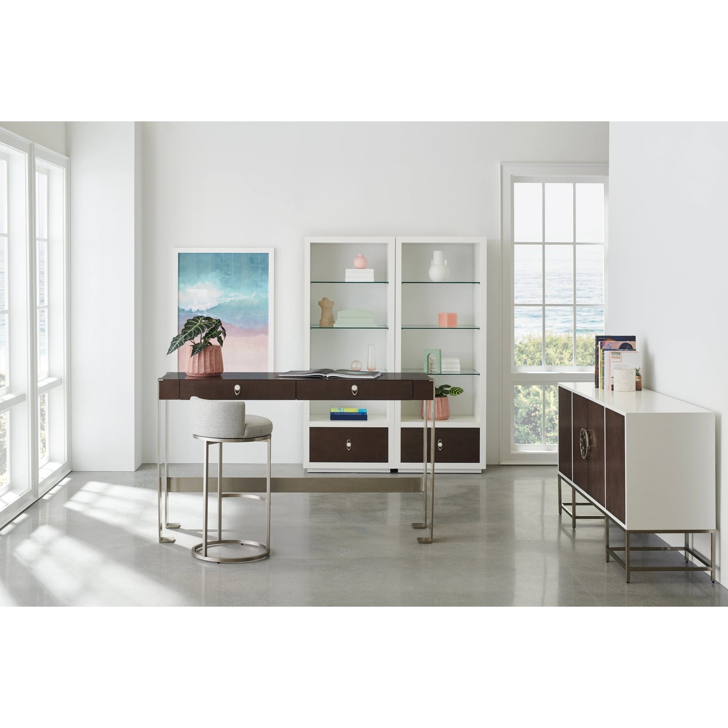 004 SI-1955730 | Lifestyle | Open for Business by Caracole in cloud, white and brunette, satin nickel. Made from birch, metal, figured sycamore in a modern style.