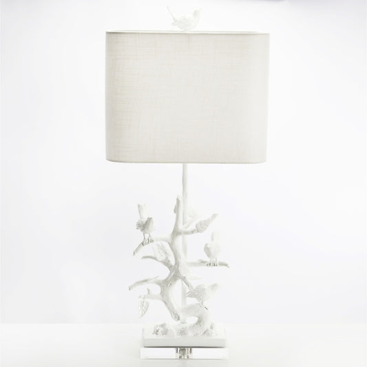 Bird on Branch Table Lamp by Couture Lamps in high gloss white. Made from iron, resin, acrylic in a coastal style.