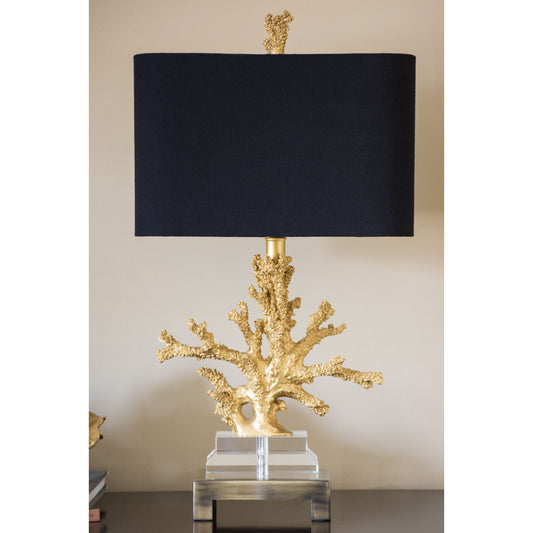 Gold Coral Table Lamp by Couture Lamps in gilt gold resin, k9 optic crystal, brushed brass. Made from resin, crystal, brass in a coastal style.