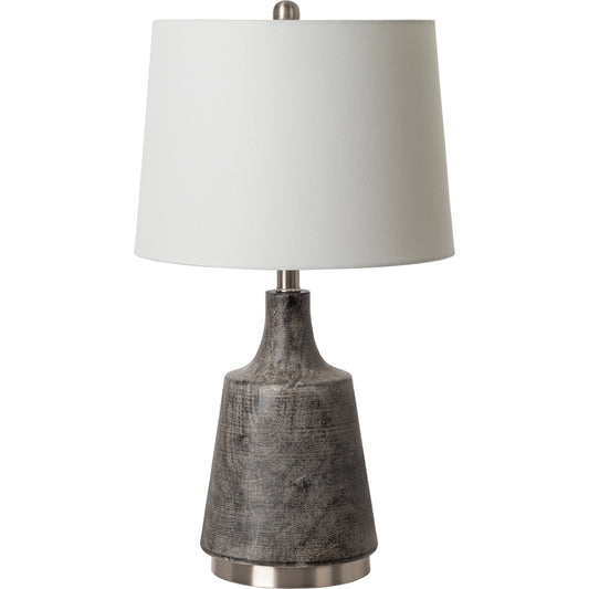 Delridge Table Lamp - 31032 by Surya in charcoal, ivory, translucent, metallic nickel, white and brushedpaintedplated. Made from shade (outside): linen, shade (inside): polyester, base: metal, finial: iron, finial: metal, ha