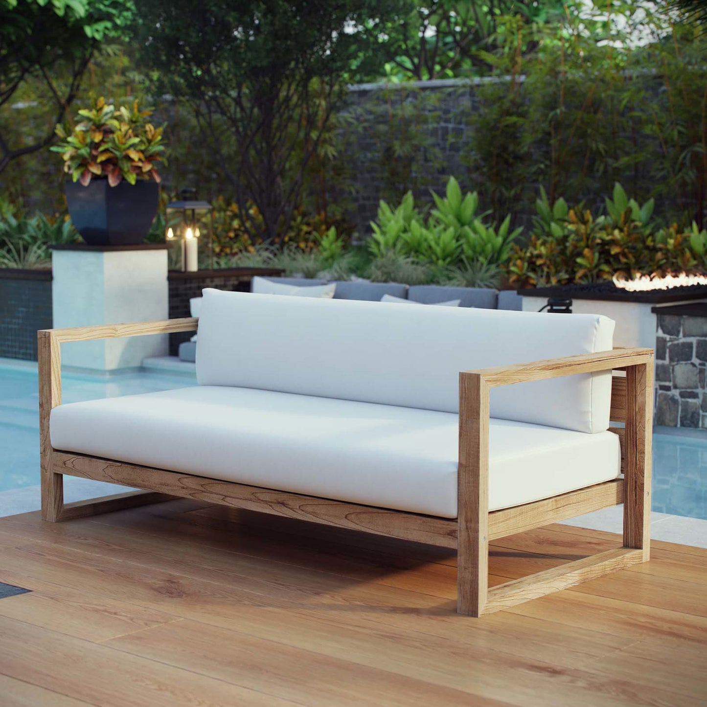 002 S-295114 | Lifestyle | Natalia Teak Sofa by Evans & Londeen in natural white. Made from teak solid wood, chair weight capacity: 1323lbs. in a coastal style.