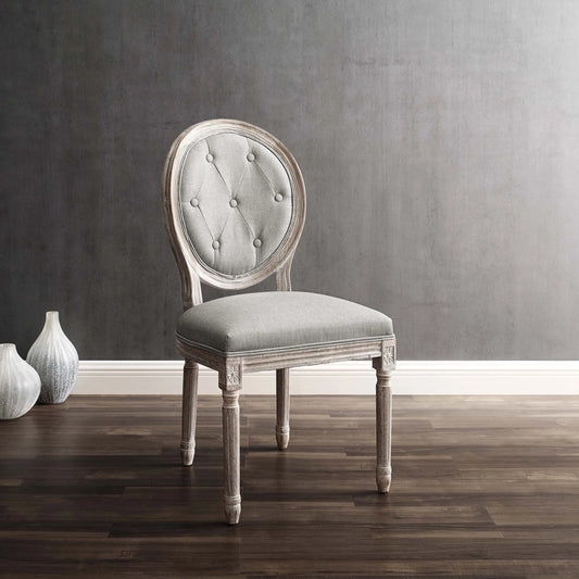 Addison Vintage French Dining Side Chair by Evans & Londeen in light gray. Made from rubber wood, fabric 100% polyester, bent wood, m3 density foam in a traditional style.