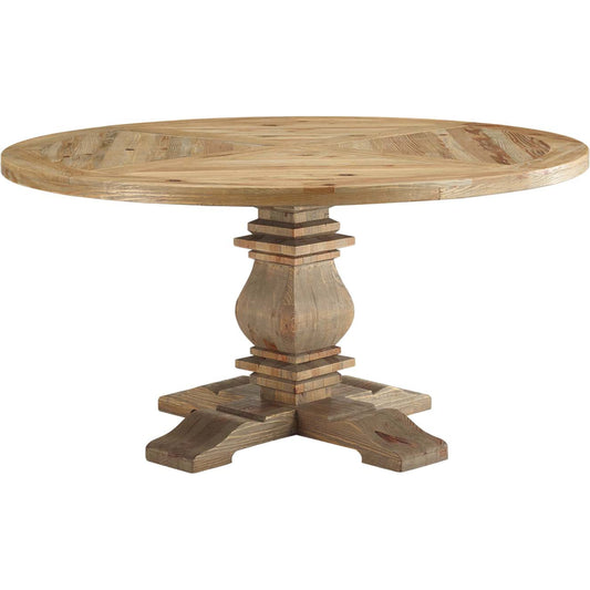 Aurora 71" Round Pine Wood Dining Table by Evans & Londeen in brown. Made from old pine with pattern, brown wood in a traditional style.
