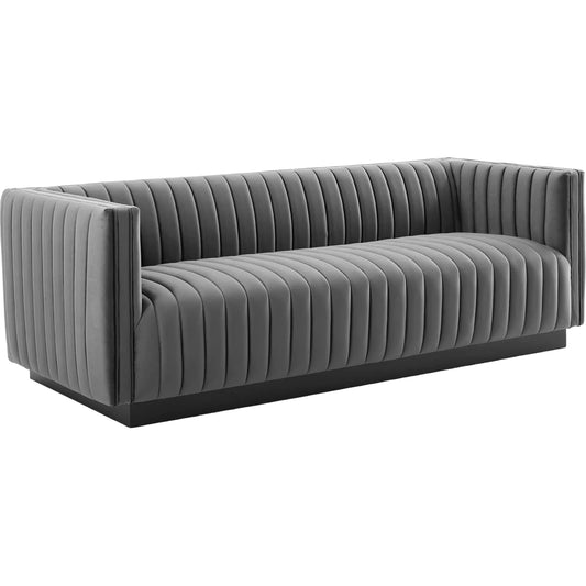 Stone Channel Sofa by Evans & Londeen in gray. Made from spring pocket inside the seat cushion, seat cushion foam density 28kgs, m3, yuhua velvet fabric, polyester, solid wood frame in a modern style.