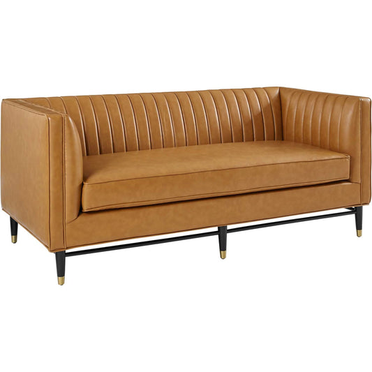 Harrison Channel Vegan Loveseat by Evans & Londeen in tan. Made from huajin tan, rubber wood legs painted in black, m3, 25mmt foam density in a modern style.