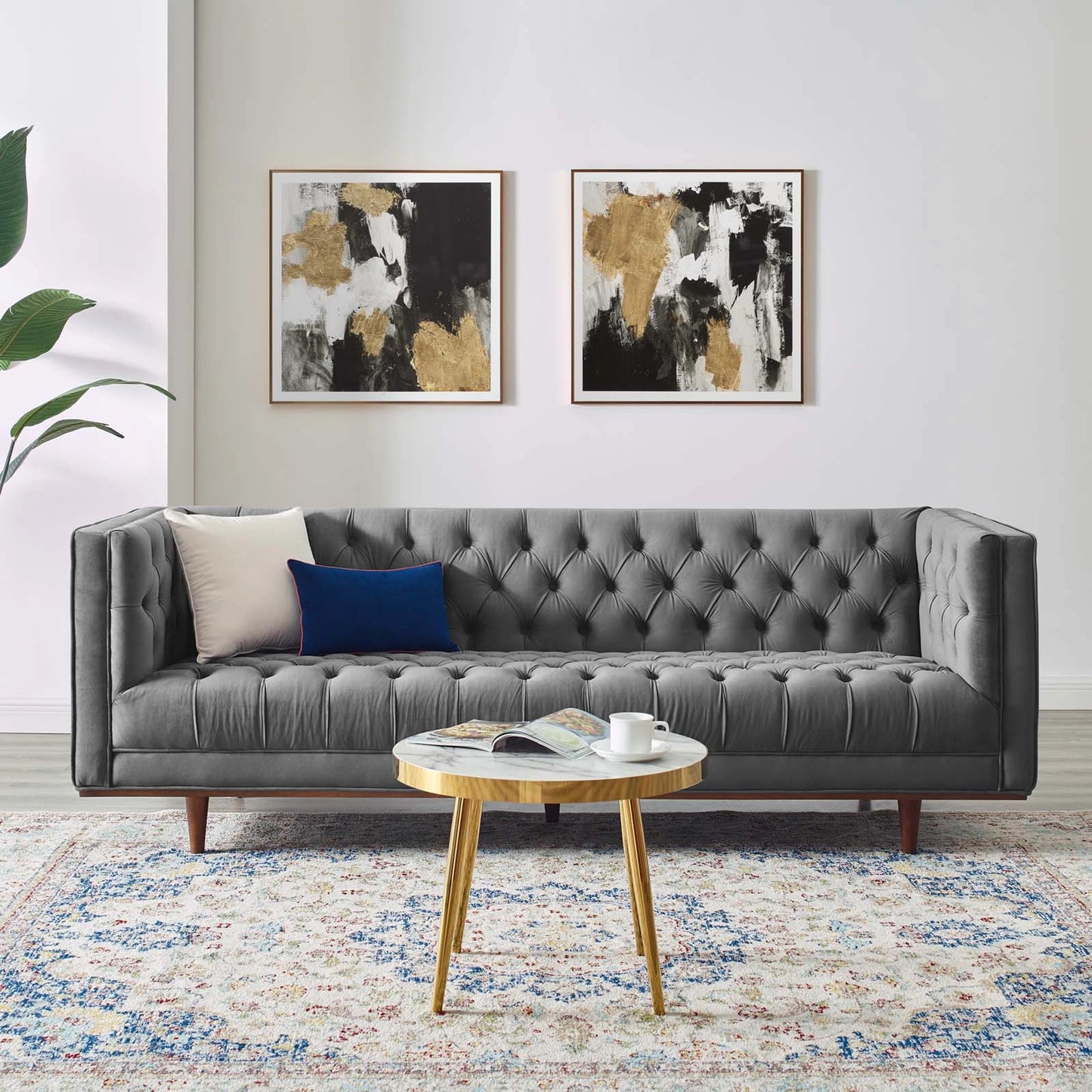 022 SI-1928146 | Lifestyle | Carbon Sofa by Evans & Londeen in gray. Made from 2int foam density 62lbs, m3, 2.5int foam density 67lbs, 1int foam density 40lbs, silk cotton, non-woven fabric cover, rubber wood legs, wood frame, legs is with walnut #12 leg,