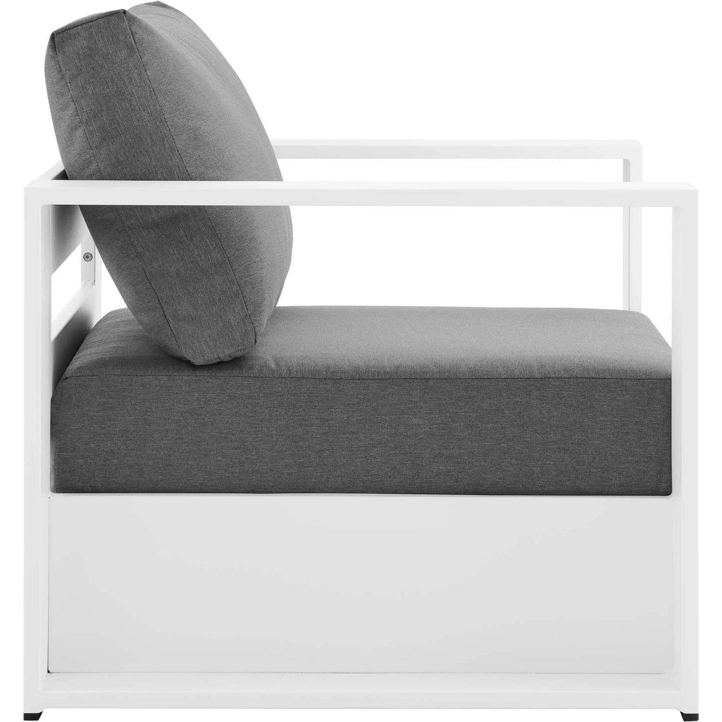 010 SI-1929651 | Additional Silo | Conejos Powder-Coated Aluminum Armchair by Evans & Londeen. Made from seat cushion: foam density, weimas grey fabric, aluminum white powder coated in a modern style.