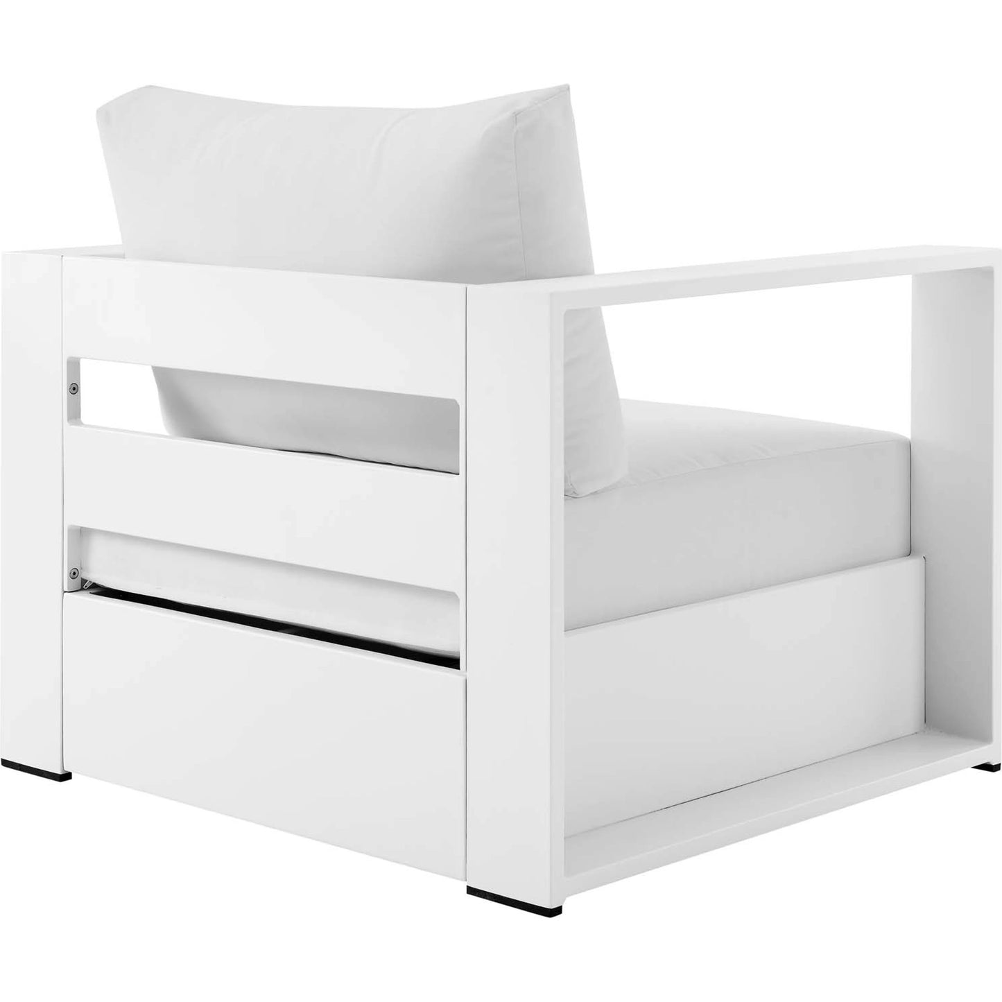 018 SI-1929653 | Additional Silo | Conejos Powder-Coated Aluminum Armchair by Evans & Londeen. Made from seat cushion: foam density, weimas grey fabric, aluminum white powder coated in a modern style.